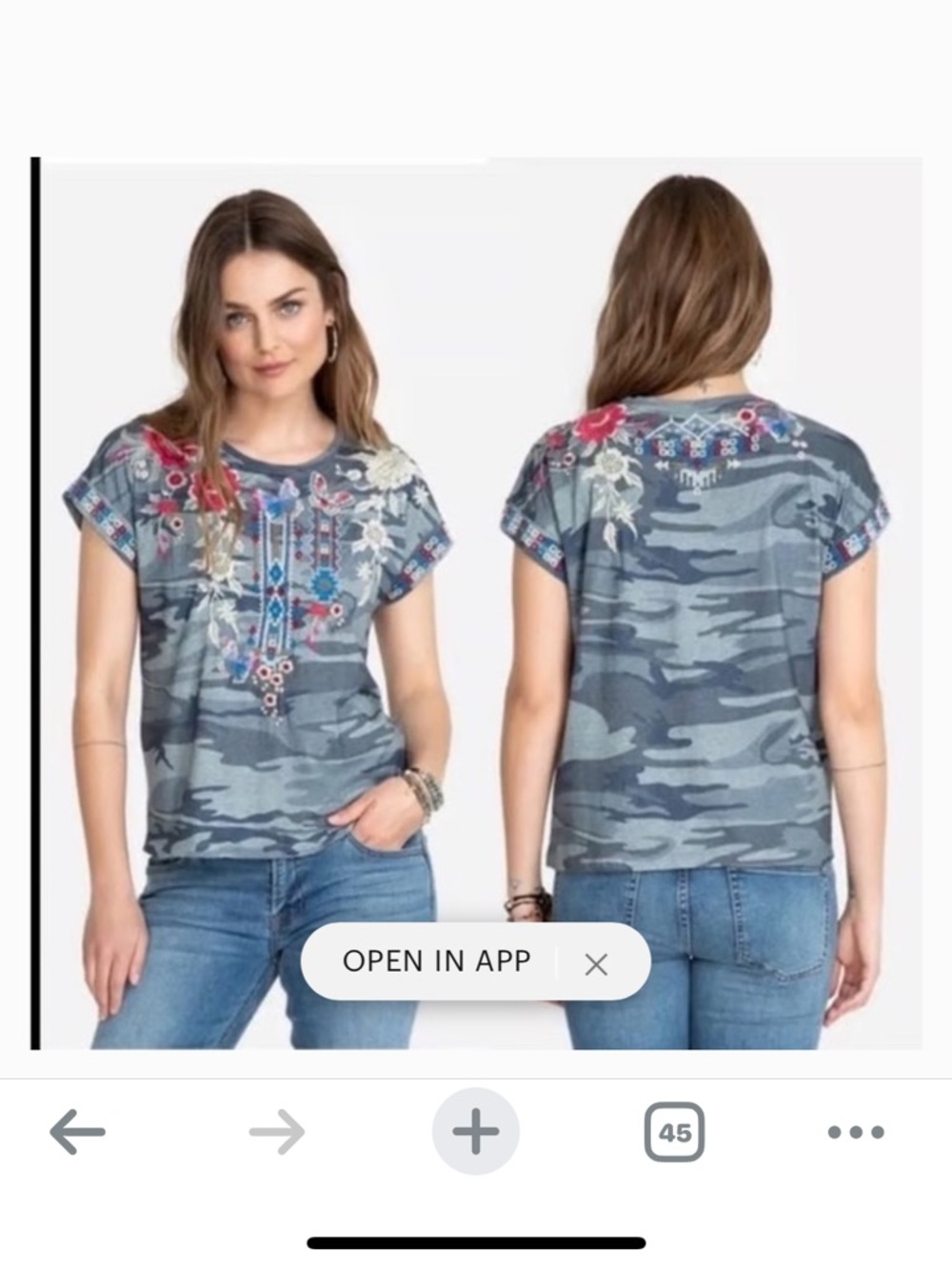 Johnny Was Gray Blue Camo Short Sleeve Tee with Floral Embroidery